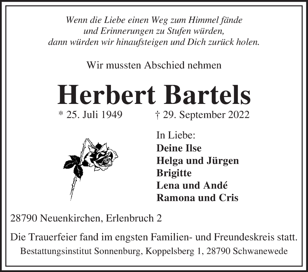 Traueranzeige von Herbert Bartels von WESER-KURIER