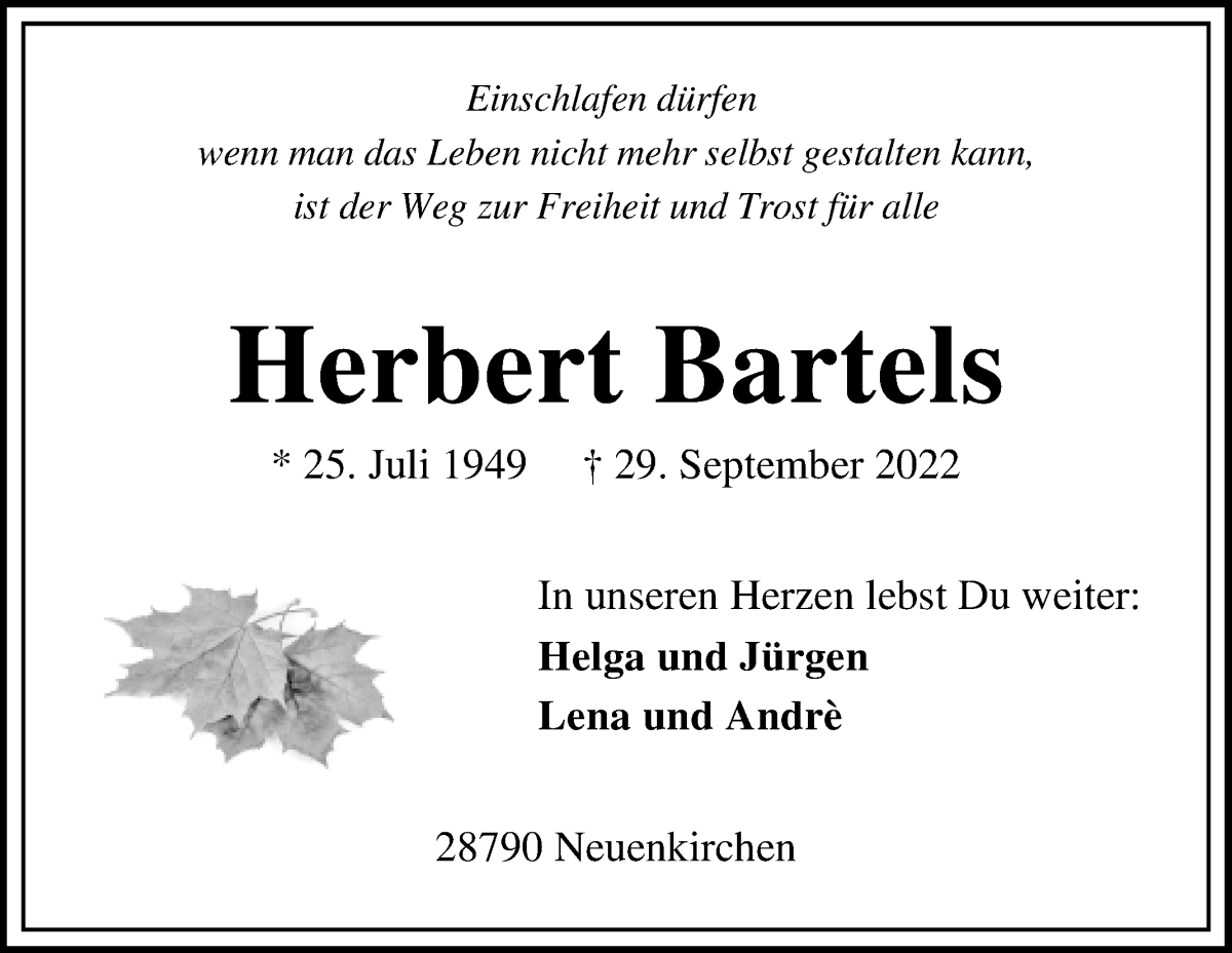 Traueranzeige von Herbert Bartels von Die Norddeutsche