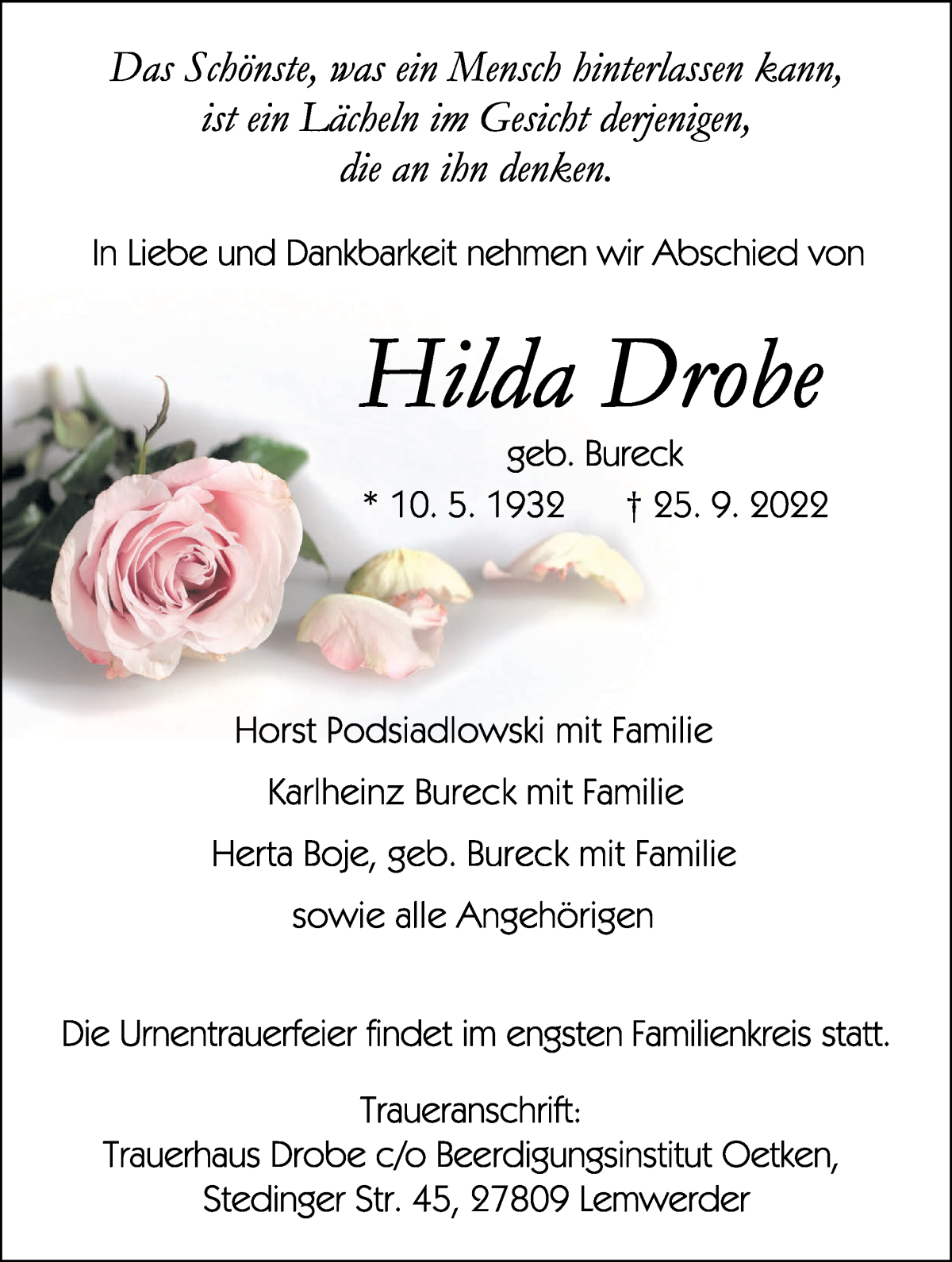 Traueranzeige von Hilda Drobe von Die Norddeutsche