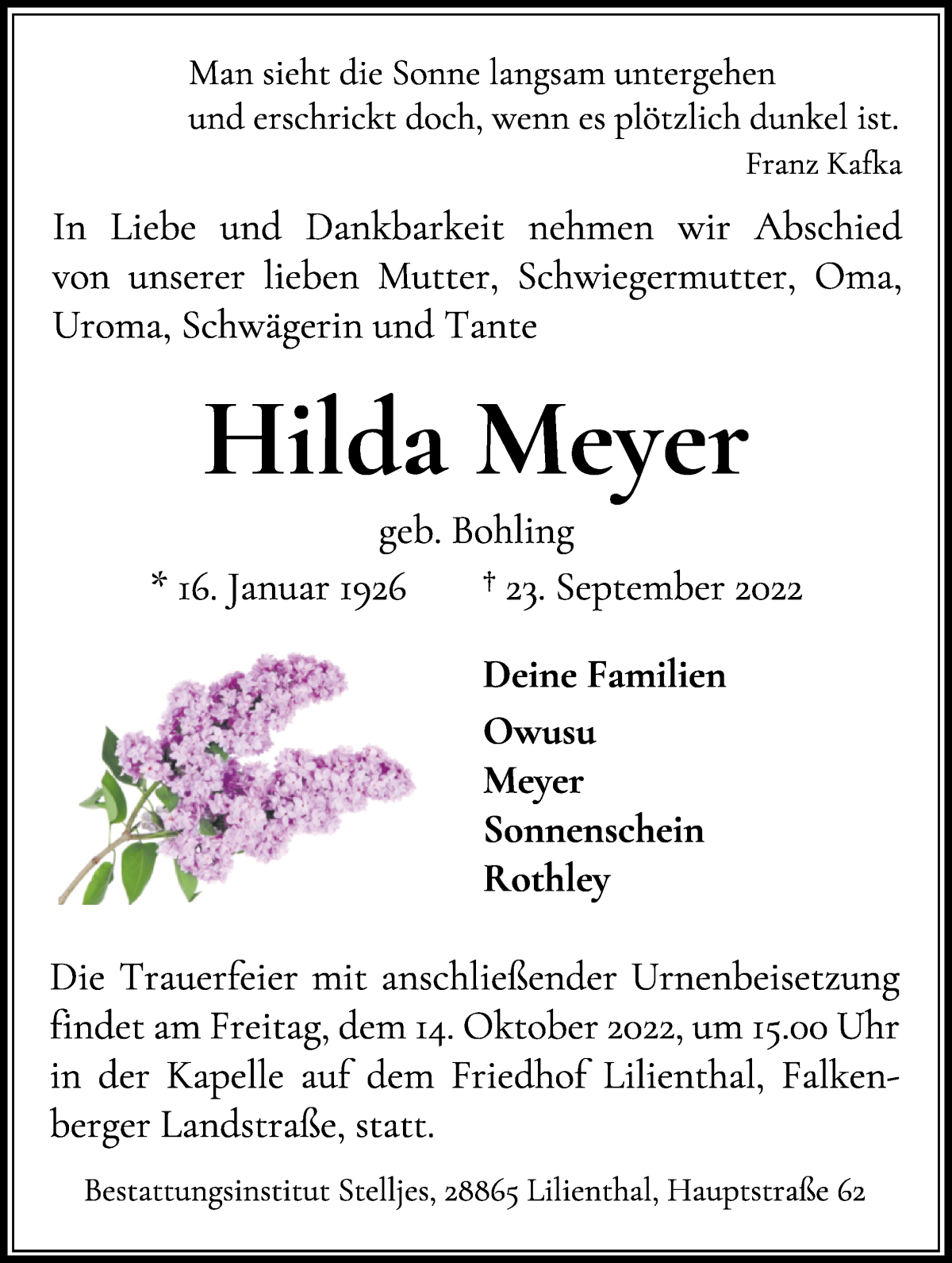  Traueranzeige für Hilda Meyer vom 01.10.2022 aus Wuemme Zeitung