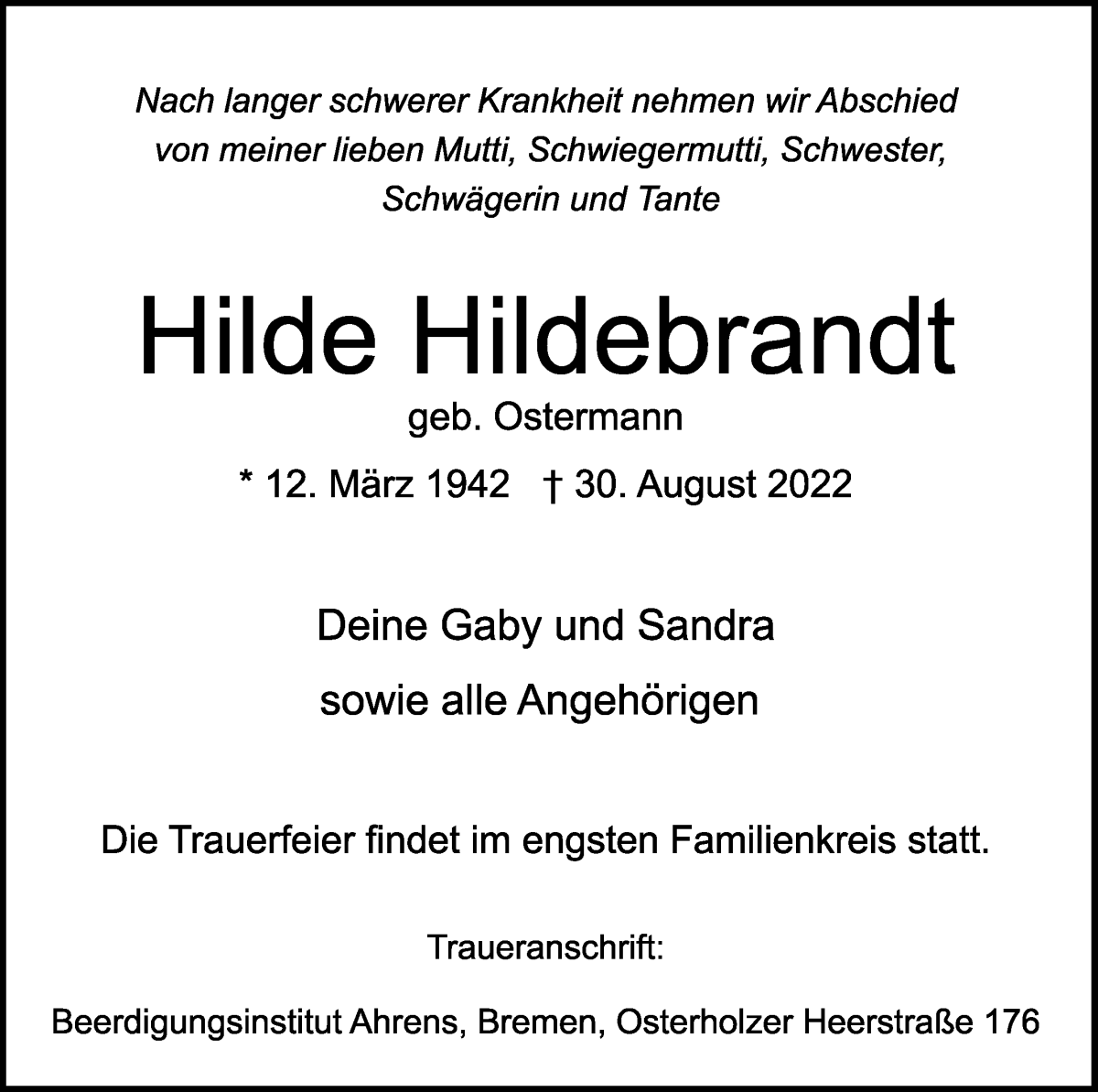  Traueranzeige für Hilde Hildebrandt vom 08.10.2022 aus WESER-KURIER