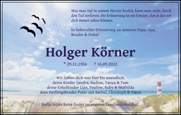 Traueranzeige von Holger Körner von Die Norddeutsche