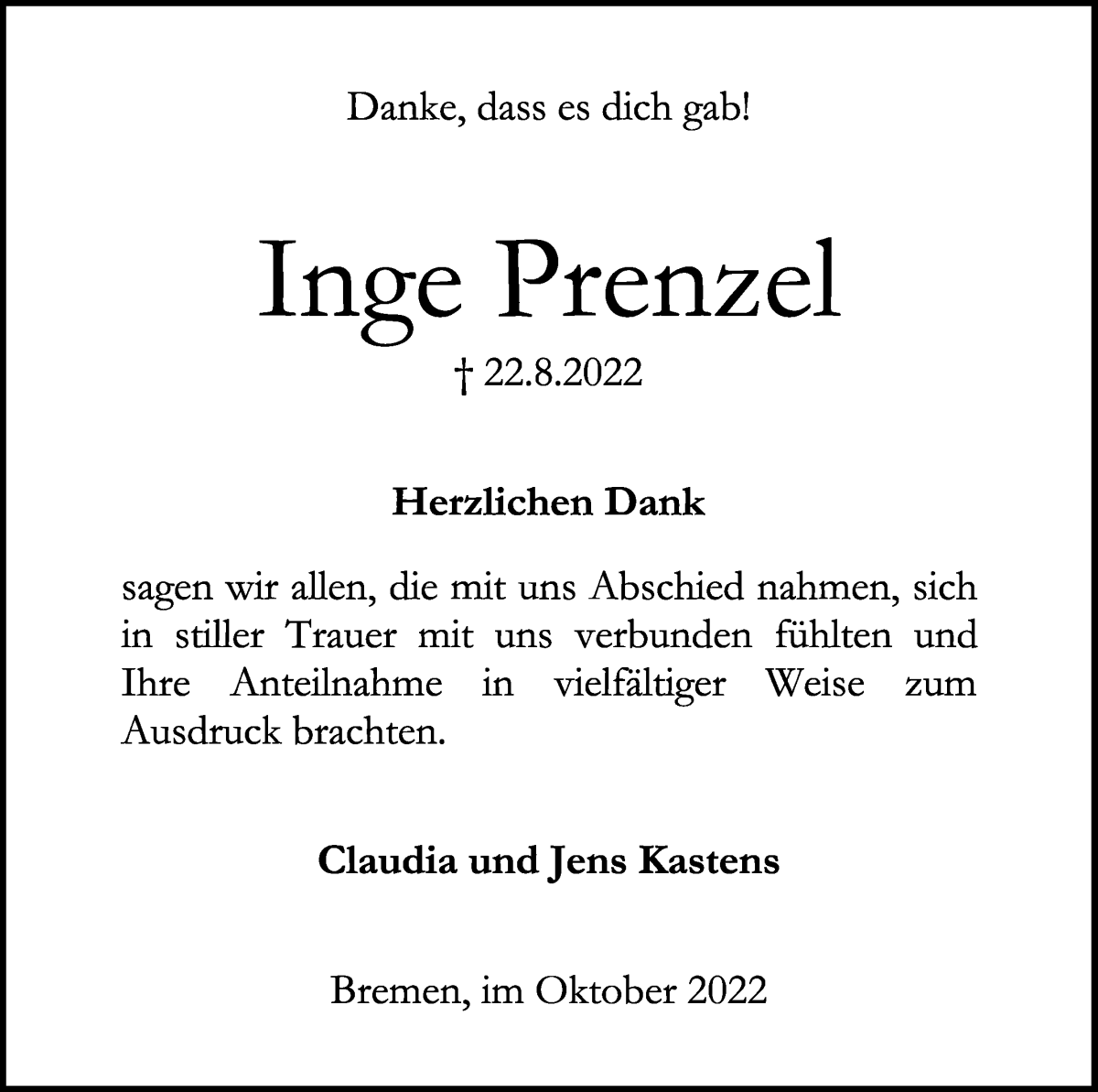  Traueranzeige für Inge Prenzel vom 01.10.2022 aus WESER-KURIER