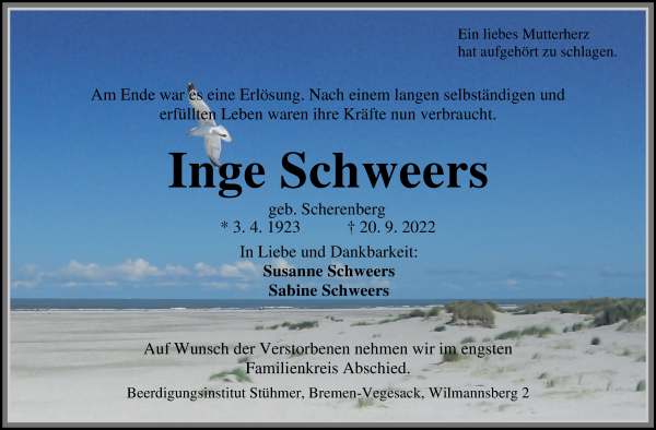 Traueranzeige von Inge Schweers von Die Norddeutsche