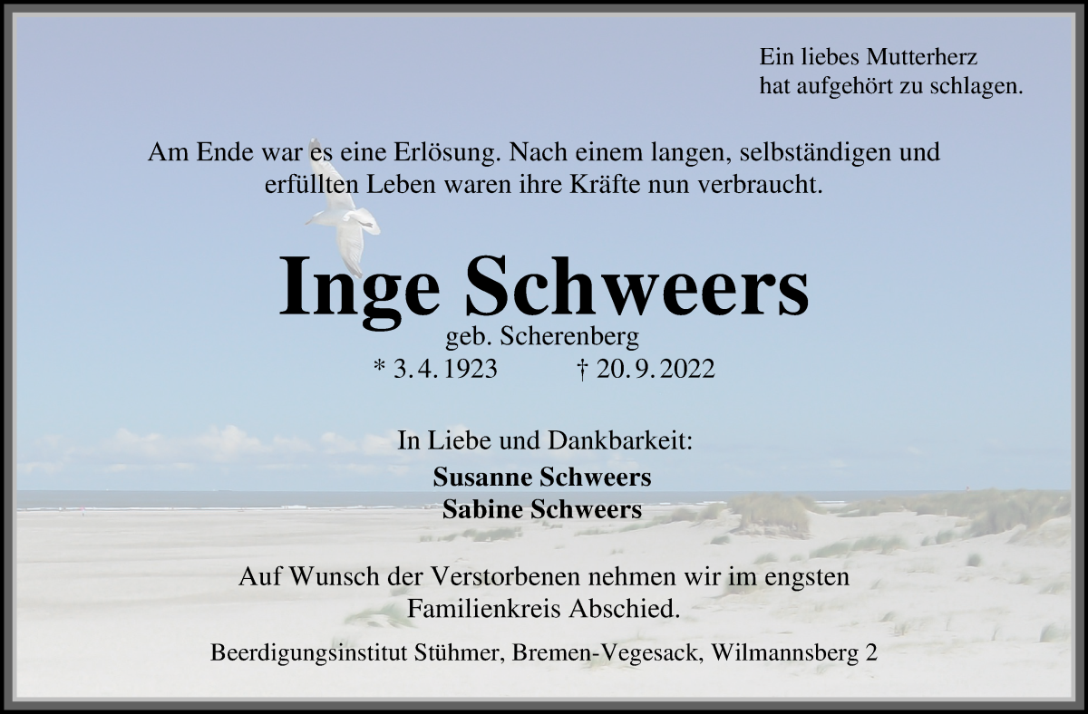  Traueranzeige für Inge Schweers vom 08.10.2022 aus Die Norddeutsche