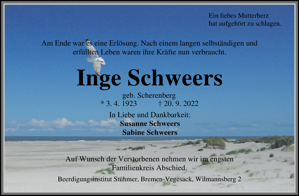  Traueranzeige für Inge Schweers vom 01.10.2022 aus Die Norddeutsche