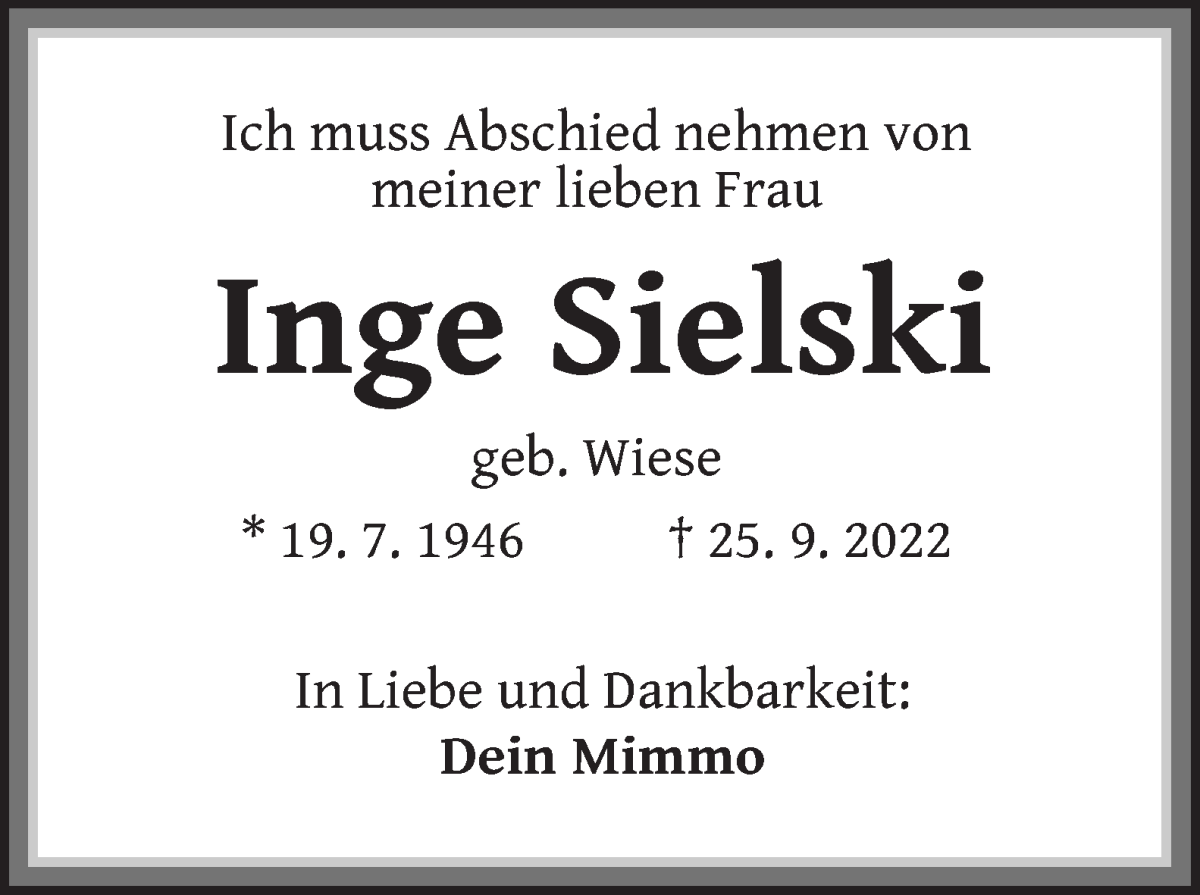  Traueranzeige für Inge Sielski vom 01.10.2022 aus Die Norddeutsche