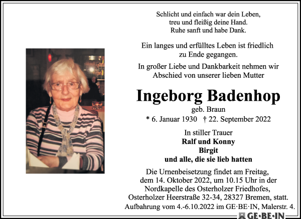 Traueranzeige von Ingeborg Badenhop von WESER-KURIER