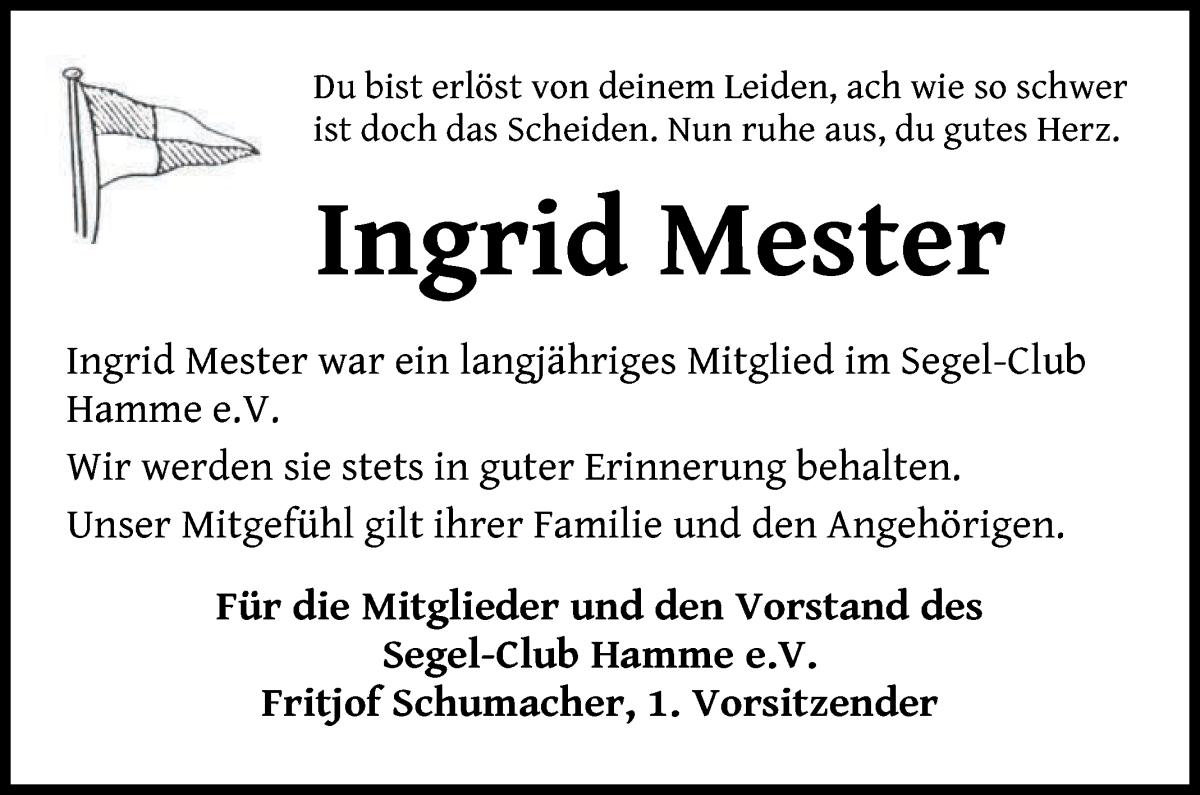 Traueranzeige von Ingrid Mester von Osterholzer Kreisblatt