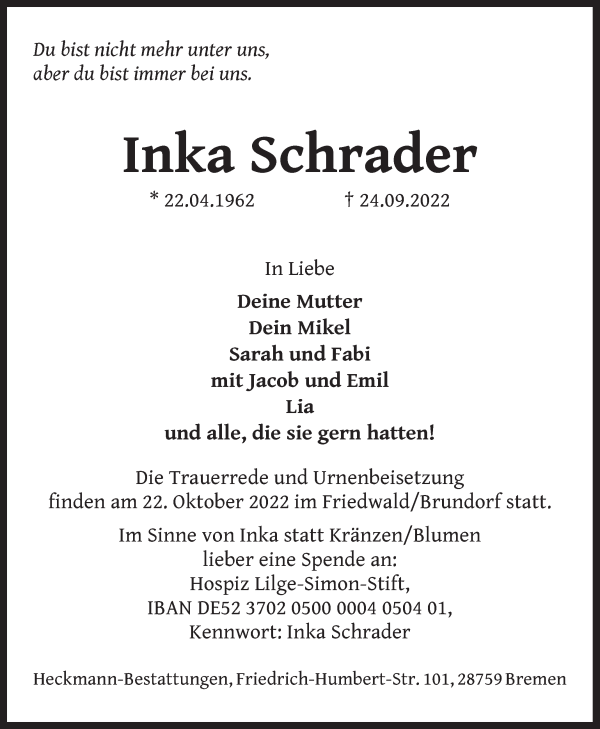 Traueranzeige von Inka Schrader