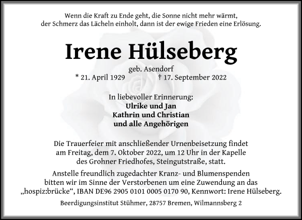 Traueranzeige von Irene Hülseberg von Die Norddeutsche