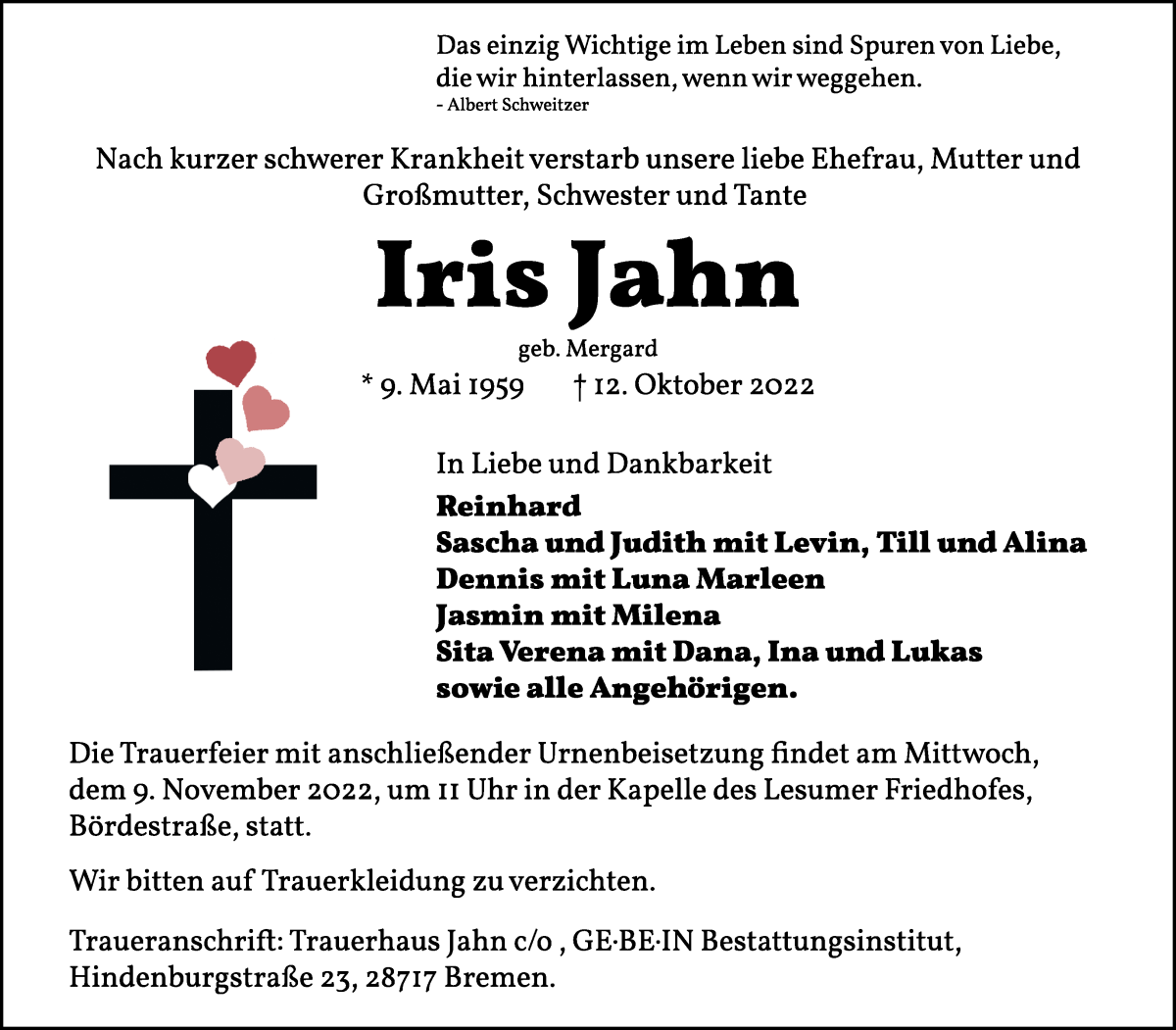 Traueranzeige von Iris Jahn von Die Norddeutsche