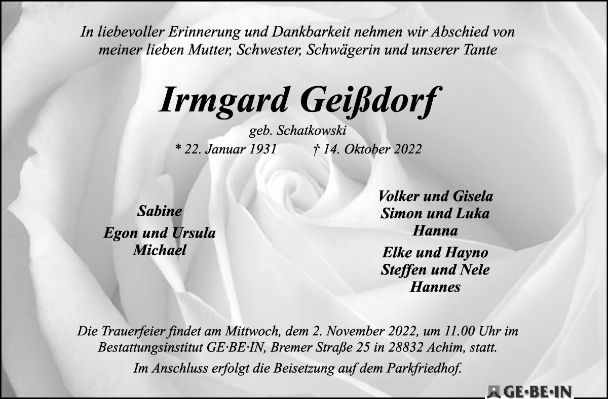  Traueranzeige für Irmgard Geißdorf vom 22.10.2022 aus WESER-KURIER