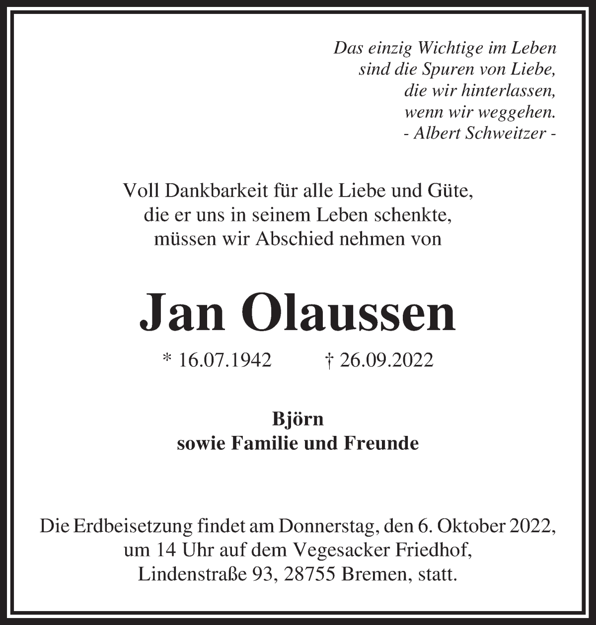  Traueranzeige für Jan Olaussen vom 01.10.2022 aus Die Norddeutsche