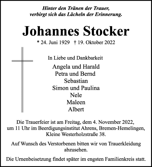Traueranzeige von Johannes Stocker von WESER-KURIER