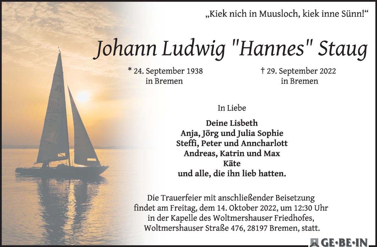  Traueranzeige für Johann Ludwig Staug vom 08.10.2022 aus WESER-KURIER
