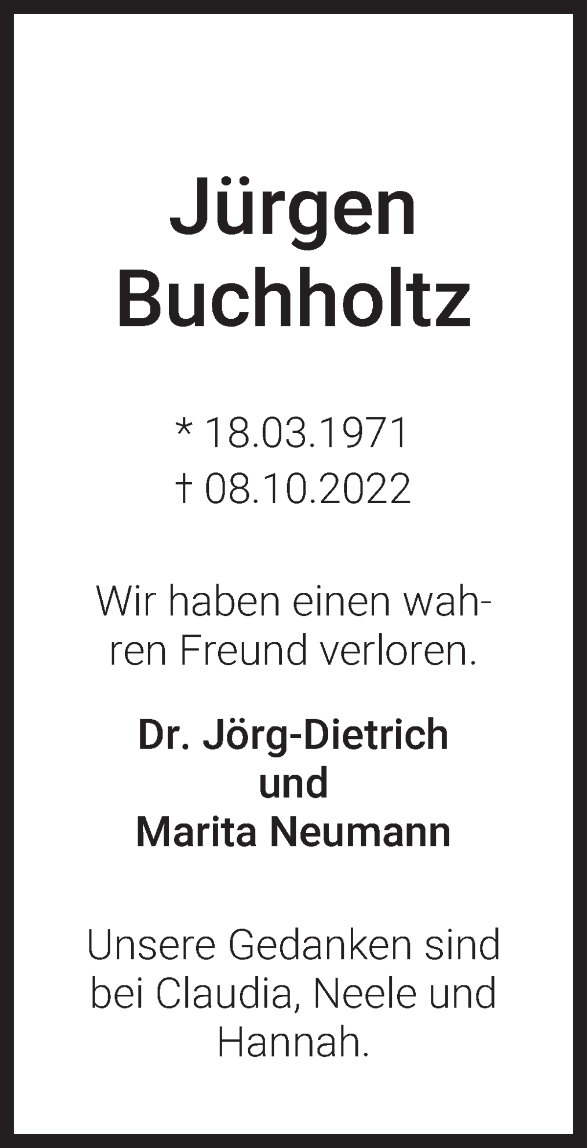  Traueranzeige für Jürgen Buchholtz vom 15.10.2022 aus WESER-KURIER