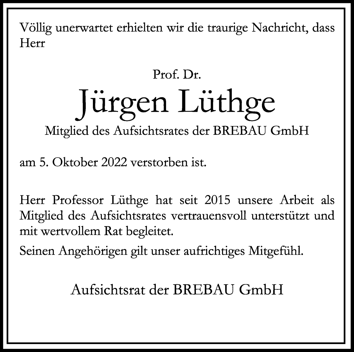 Traueranzeige für Jürgen Lüthge vom 12.10.2022 aus WESER-KURIER