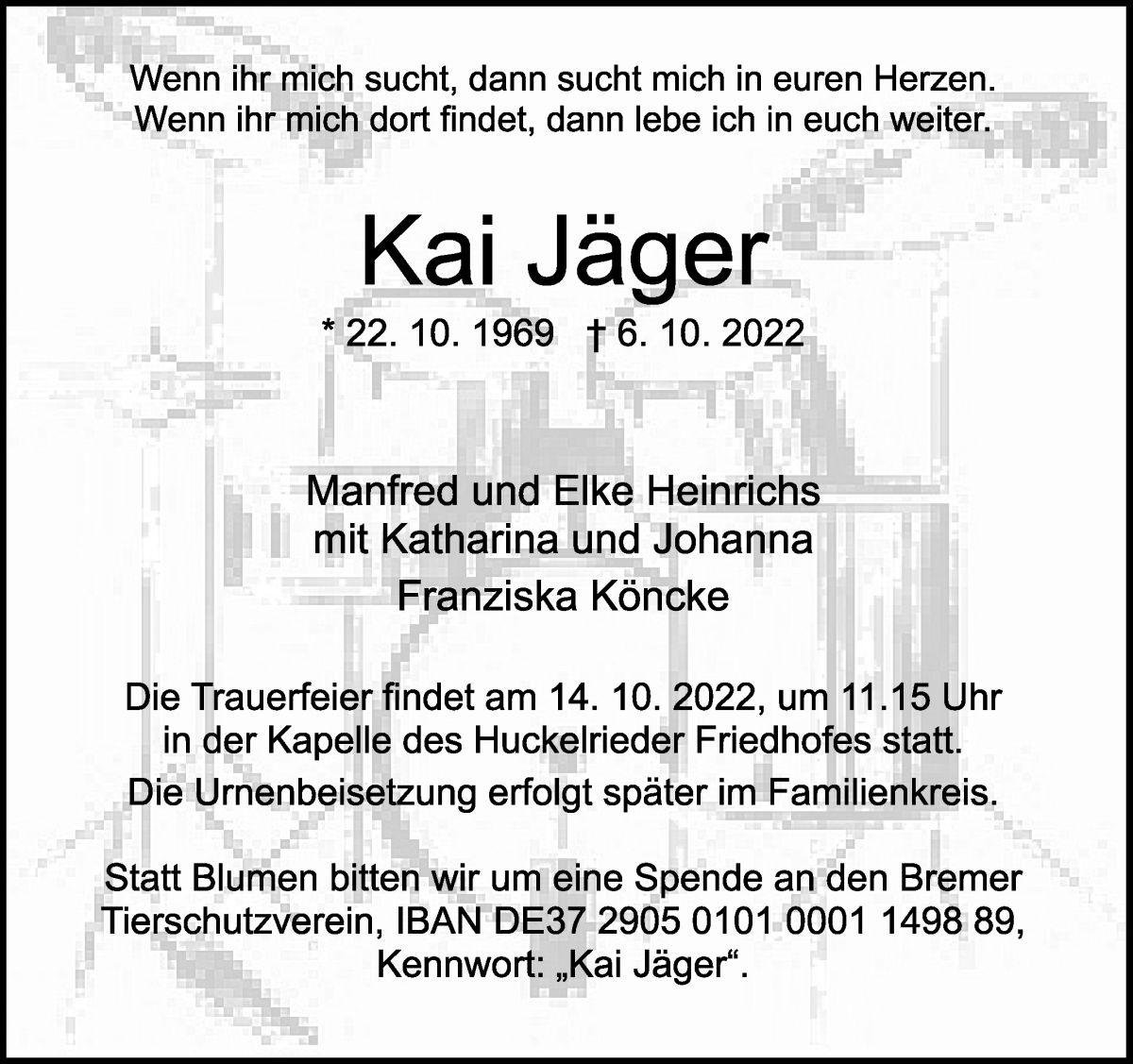  Traueranzeige für Kai Jäger vom 12.10.2022 aus WESER-KURIER