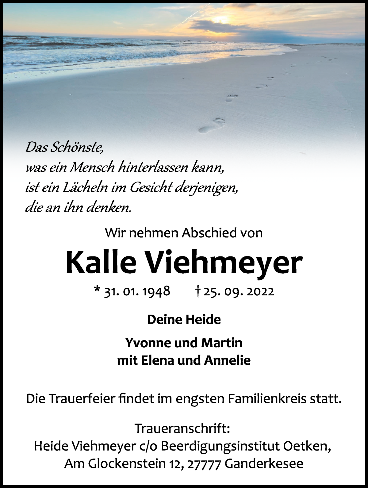  Traueranzeige für Kalle Viehmeyer vom 01.10.2022 aus Regionale Rundschau/Syker Kurier