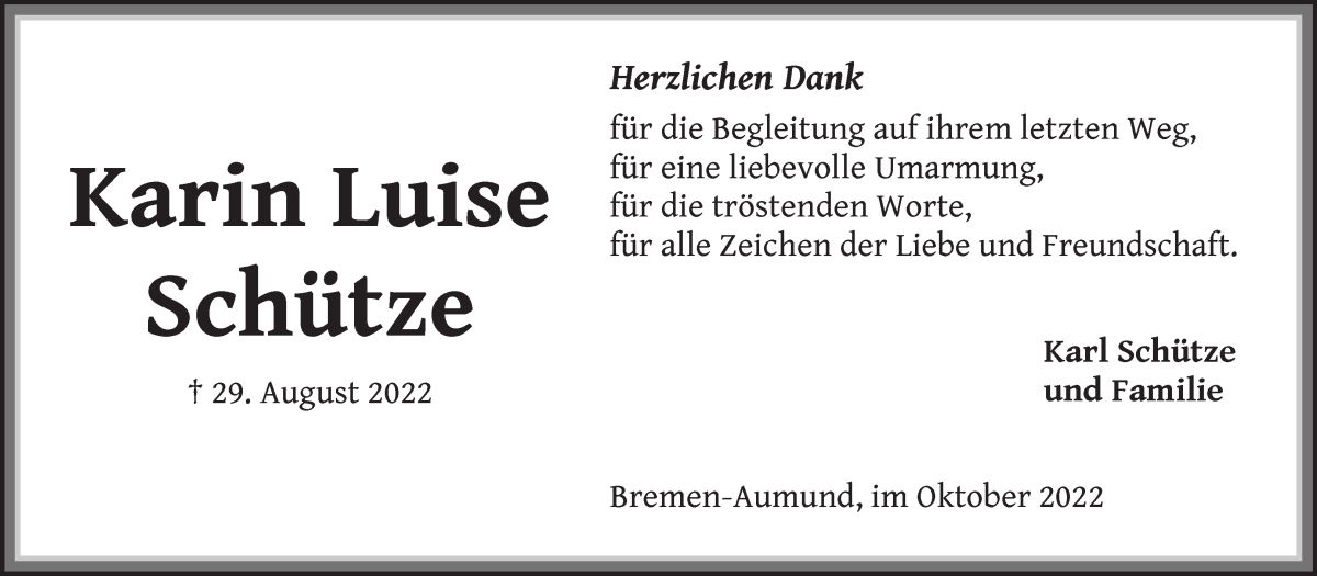  Traueranzeige für Karin Luise Schütze vom 01.10.2022 aus Die Norddeutsche