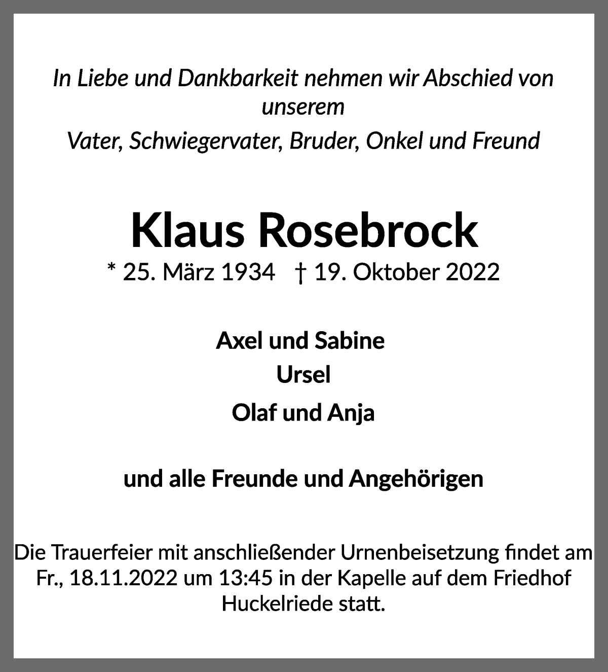  Traueranzeige für Klaus Rosebrock vom 29.10.2022 aus WESER-KURIER