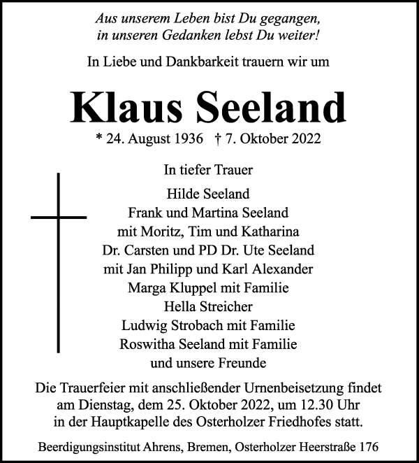 Traueranzeige von Klaus Seeland von WESER-KURIER