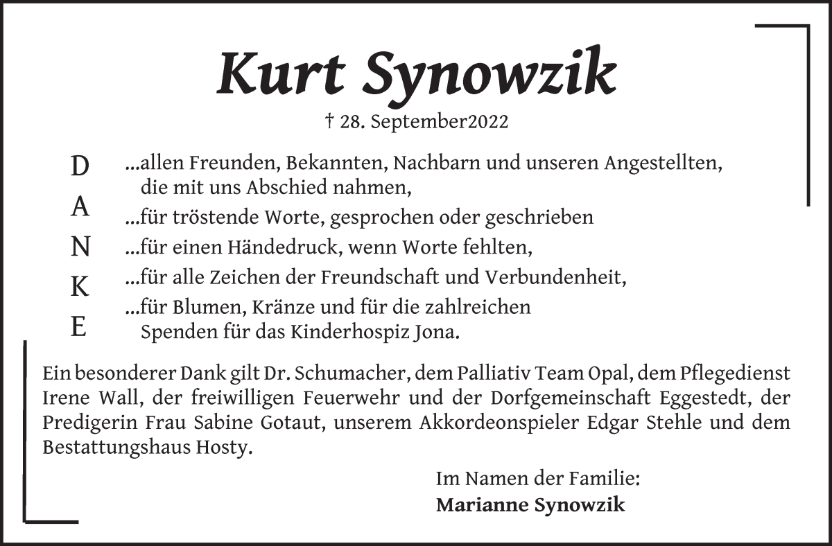  Traueranzeige für Kurt Synowzik vom 22.10.2022 aus Die Norddeutsche