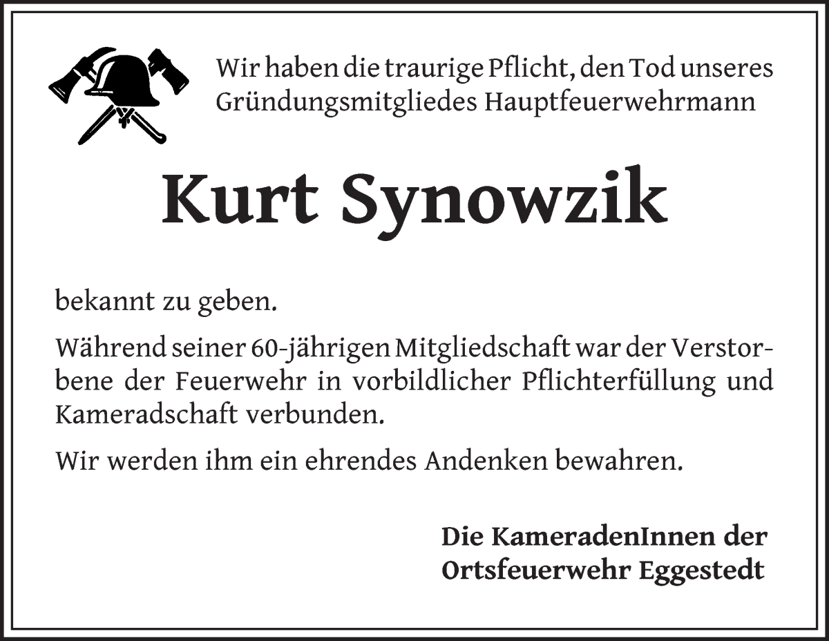 Traueranzeige für Kurt Synowzik vom 08.10.2022 aus Die Norddeutsche
