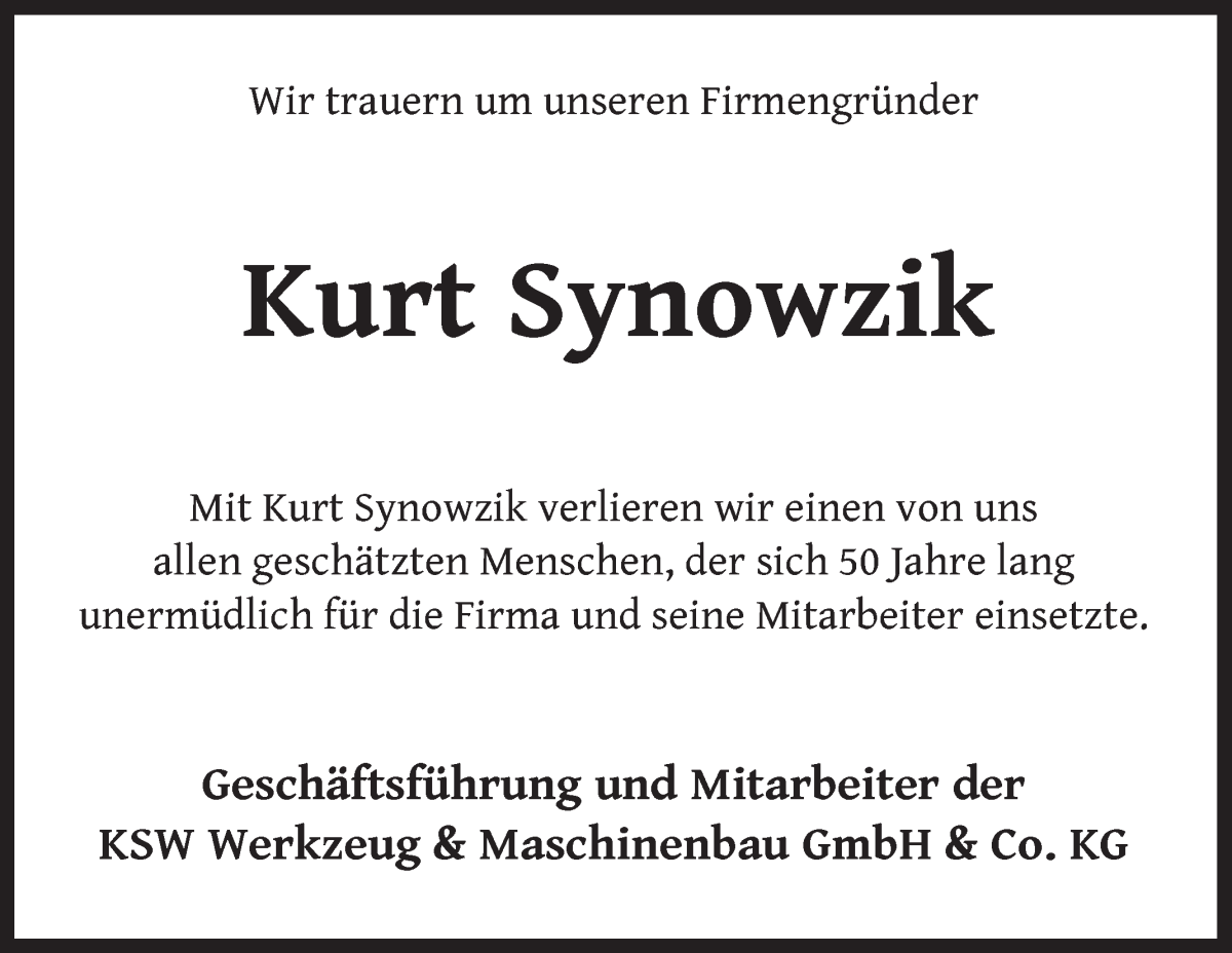 Traueranzeige von Kurt Synowzik von Die Norddeutsche