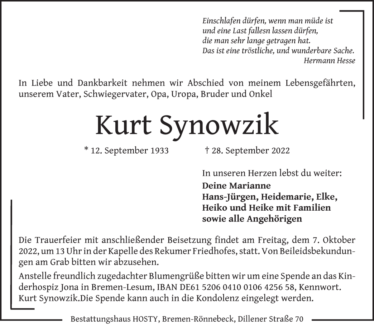  Traueranzeige für Kurt Synowzik vom 05.10.2022 aus Die Norddeutsche