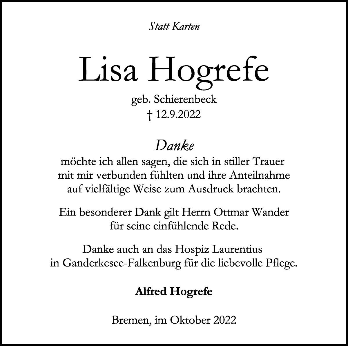  Traueranzeige für Lisa Hogrefe vom 08.10.2022 aus WESER-KURIER