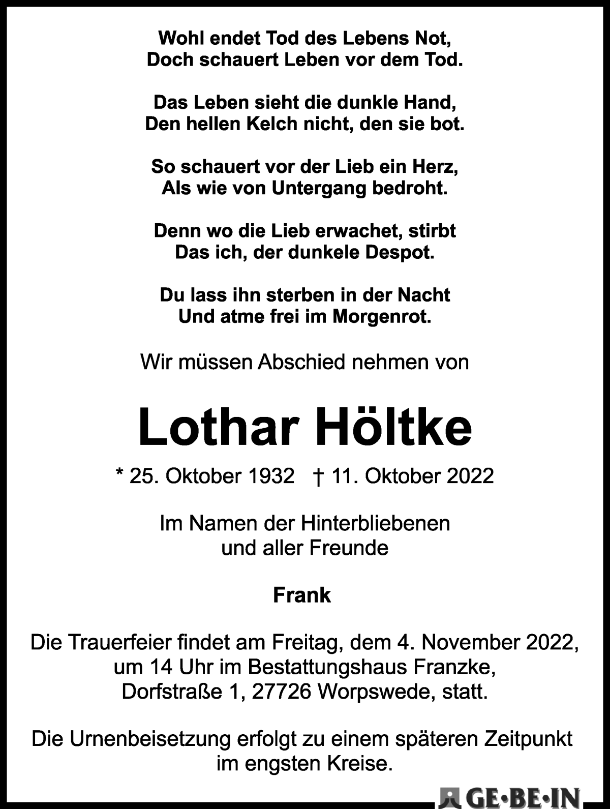 Traueranzeige von Lothar Höltke von Wuemme Zeitung