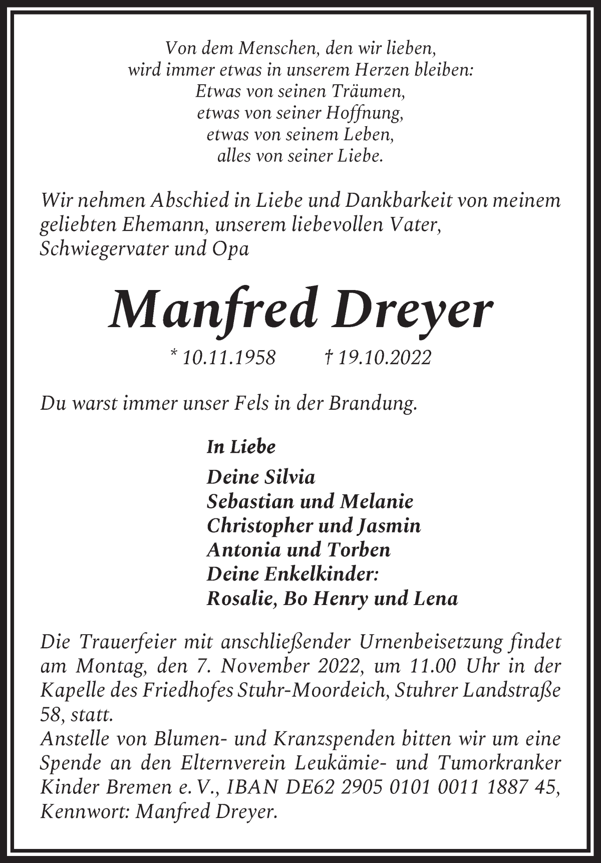  Traueranzeige für Manfred Dreyer vom 29.10.2022 aus WESER-KURIER