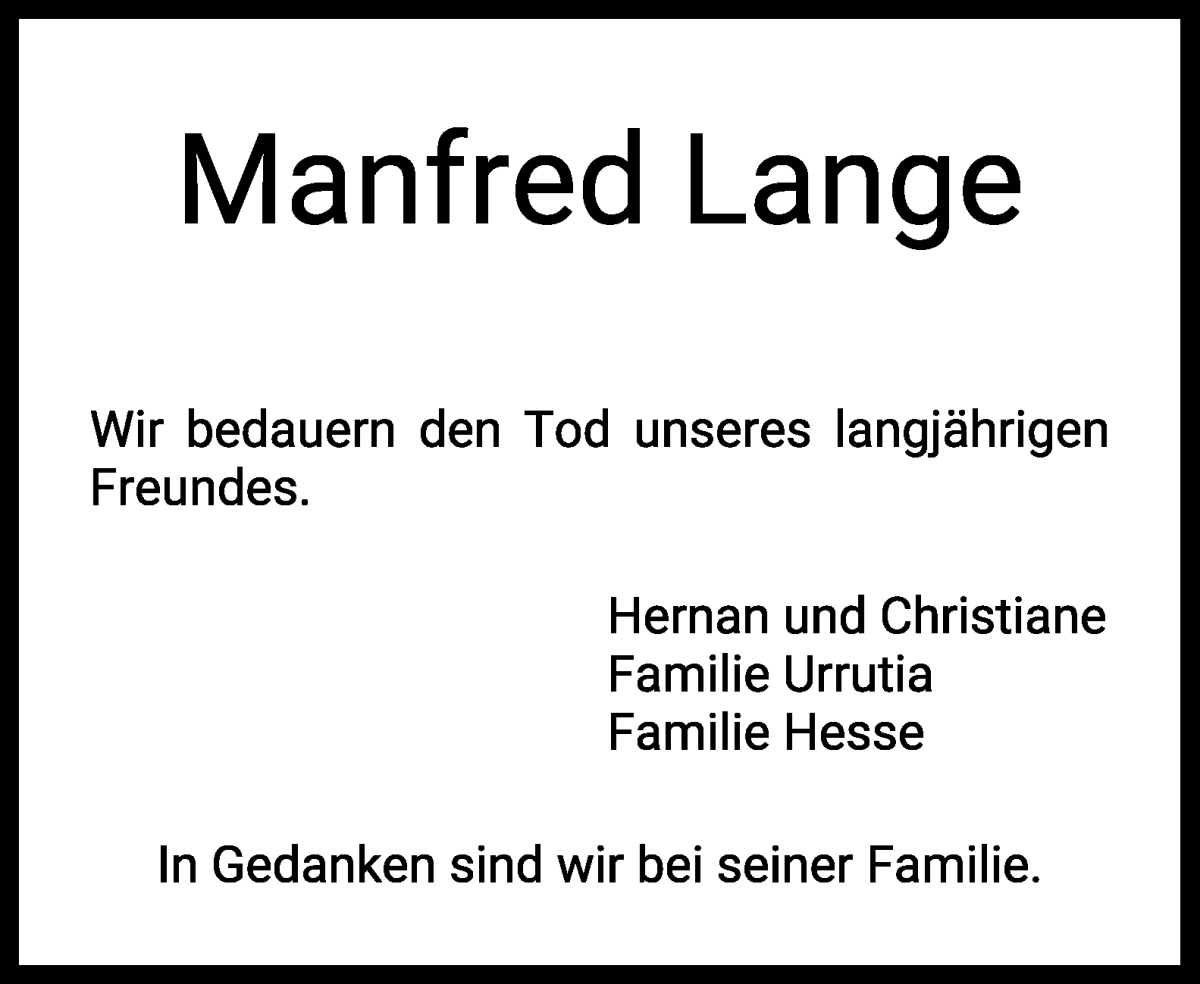 Traueranzeige von Manfred Lange von WESER-KURIER