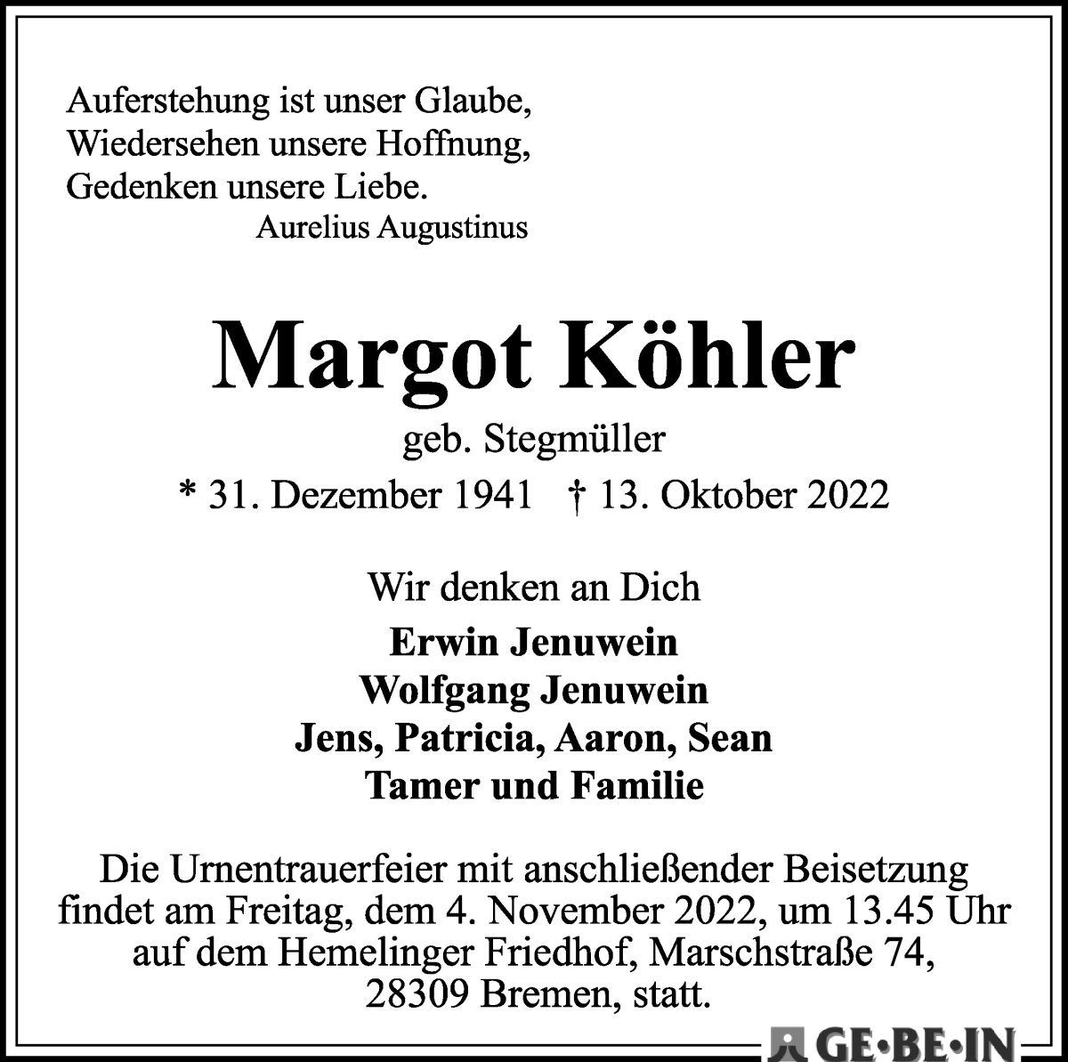 Traueranzeige von Margot Köhler von WESER-KURIER