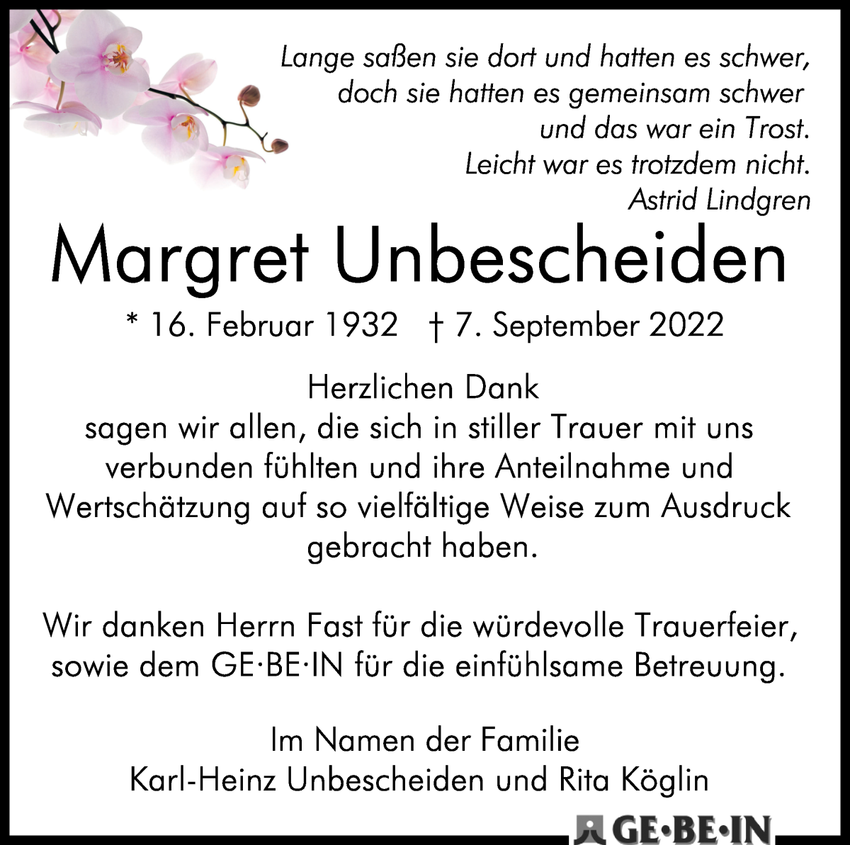 Traueranzeige von Margret Unbescheiden von WESER-KURIER