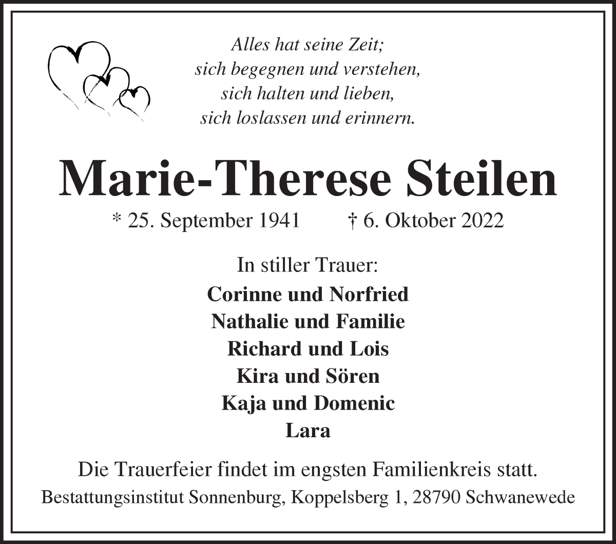  Traueranzeige für Marie-Therese Steilen vom 12.10.2022 aus Die Norddeutsche