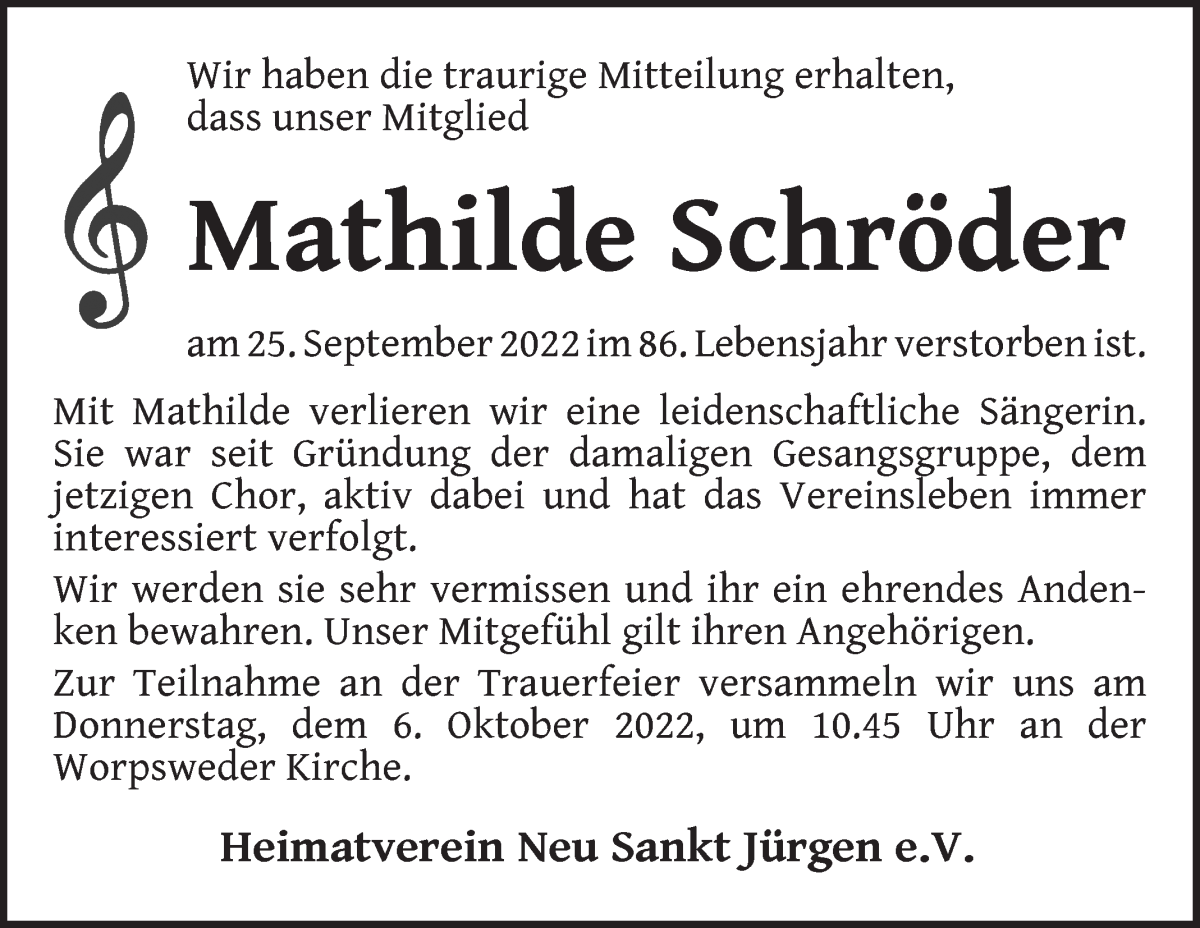 Traueranzeige für Mathilde Schröder vom 05.10.2022 aus Wuemme Zeitung
