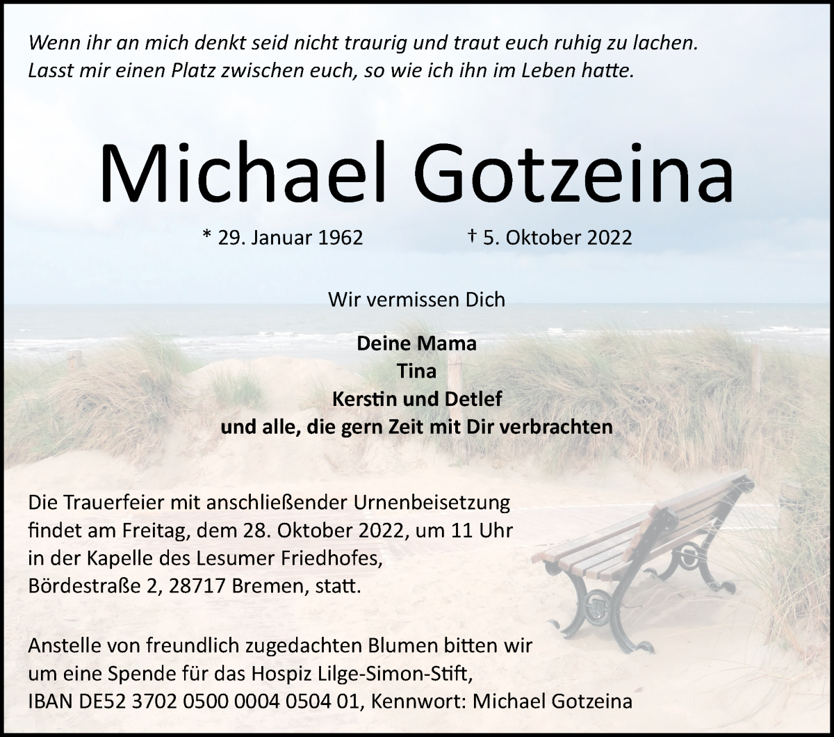  Traueranzeige für Michael Gotzeina vom 15.10.2022 aus Die Norddeutsche