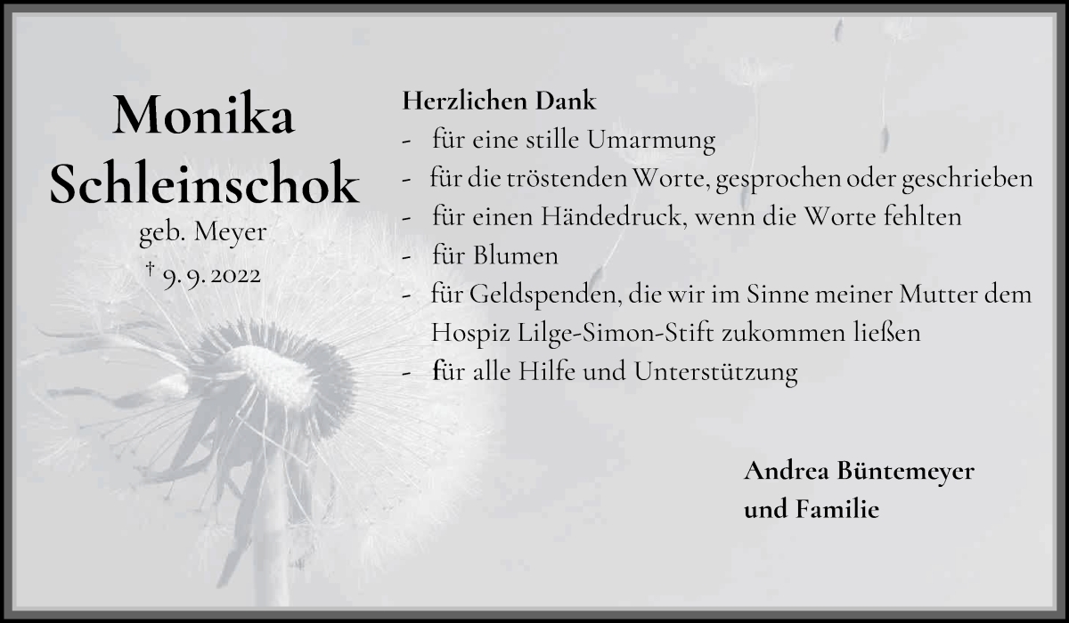  Traueranzeige für Monika Schleinschok vom 15.10.2022 aus Die Norddeutsche