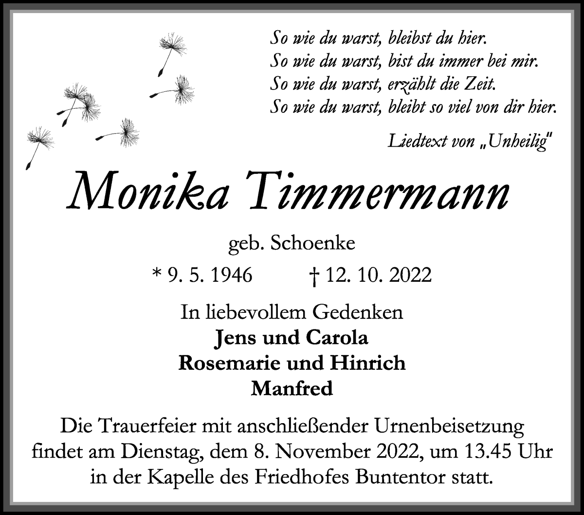  Traueranzeige für Monika Timmermann vom 22.10.2022 aus WESER-KURIER