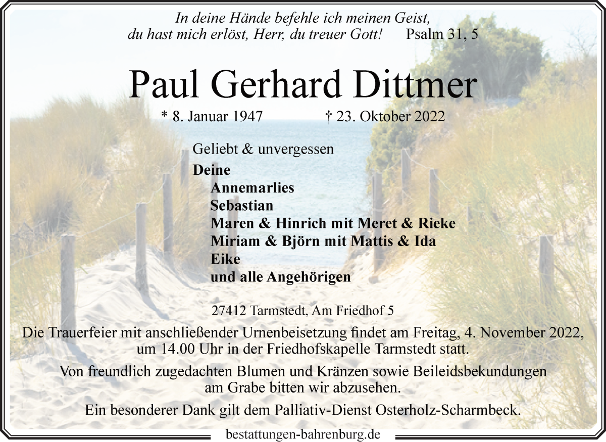 Traueranzeige von Paul Gerhard Dittmer von Wuemme Zeitung