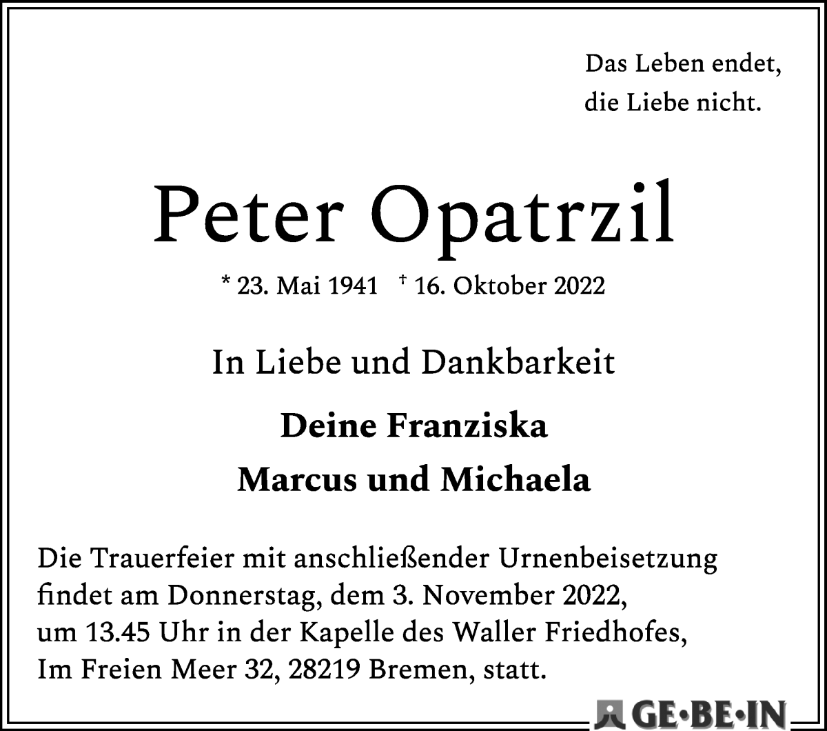  Traueranzeige für Peter Opatrzil vom 22.10.2022 aus WESER-KURIER