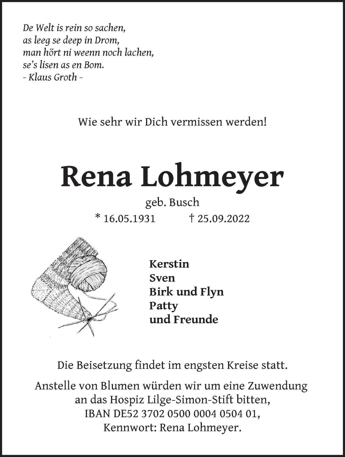 Traueranzeige für Rena Lohmeyer vom 01.10.2022 aus Die Norddeutsche