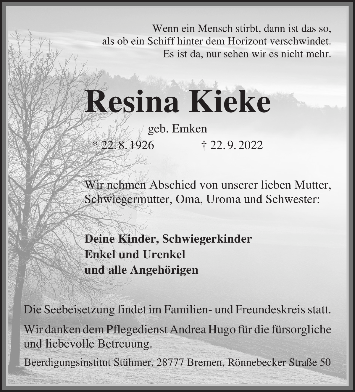  Traueranzeige für Resina Kieke vom 01.10.2022 aus Die Norddeutsche