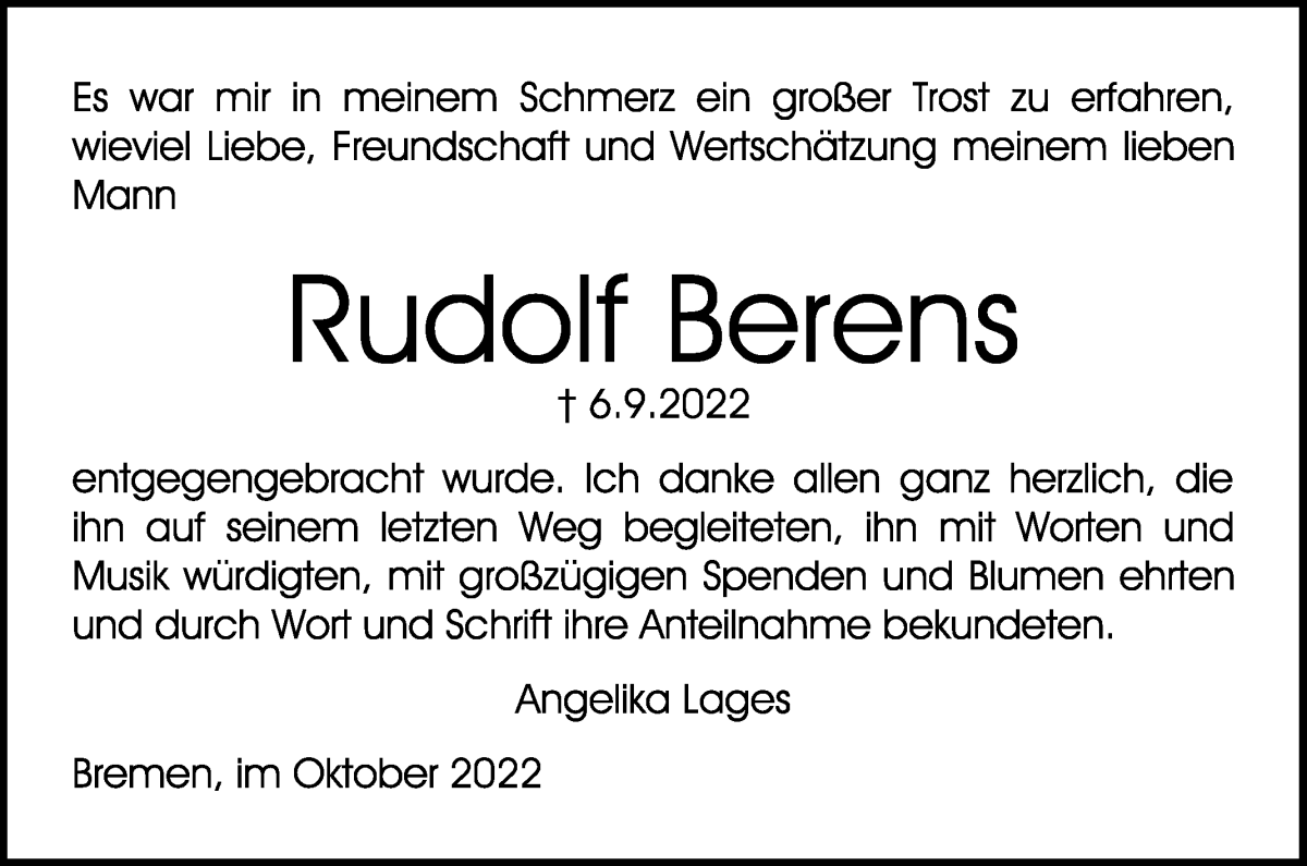  Traueranzeige für Rudolf Berens vom 29.10.2022 aus WESER-KURIER