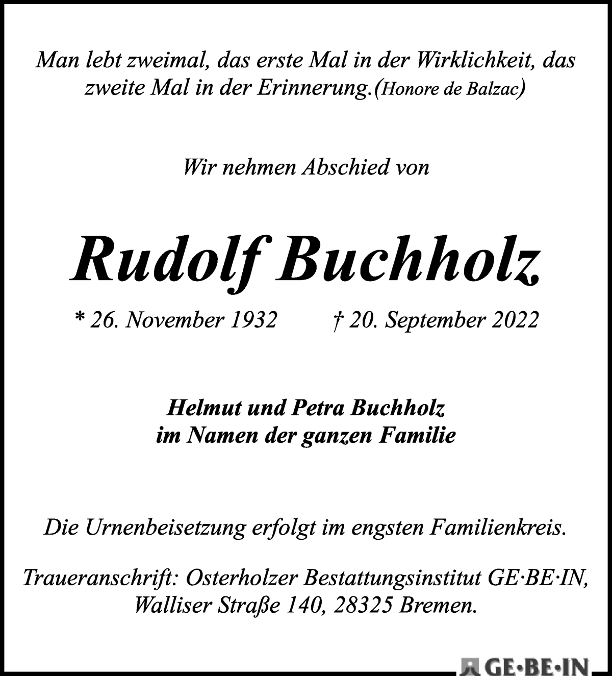 Traueranzeige von Rudolf Buchholz von WESER-KURIER