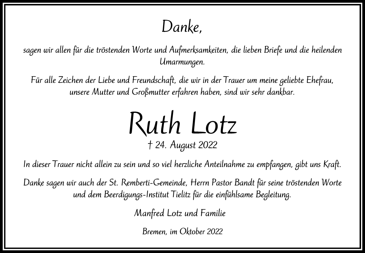  Traueranzeige für Ruth Lotz vom 01.10.2022 aus WESER-KURIER