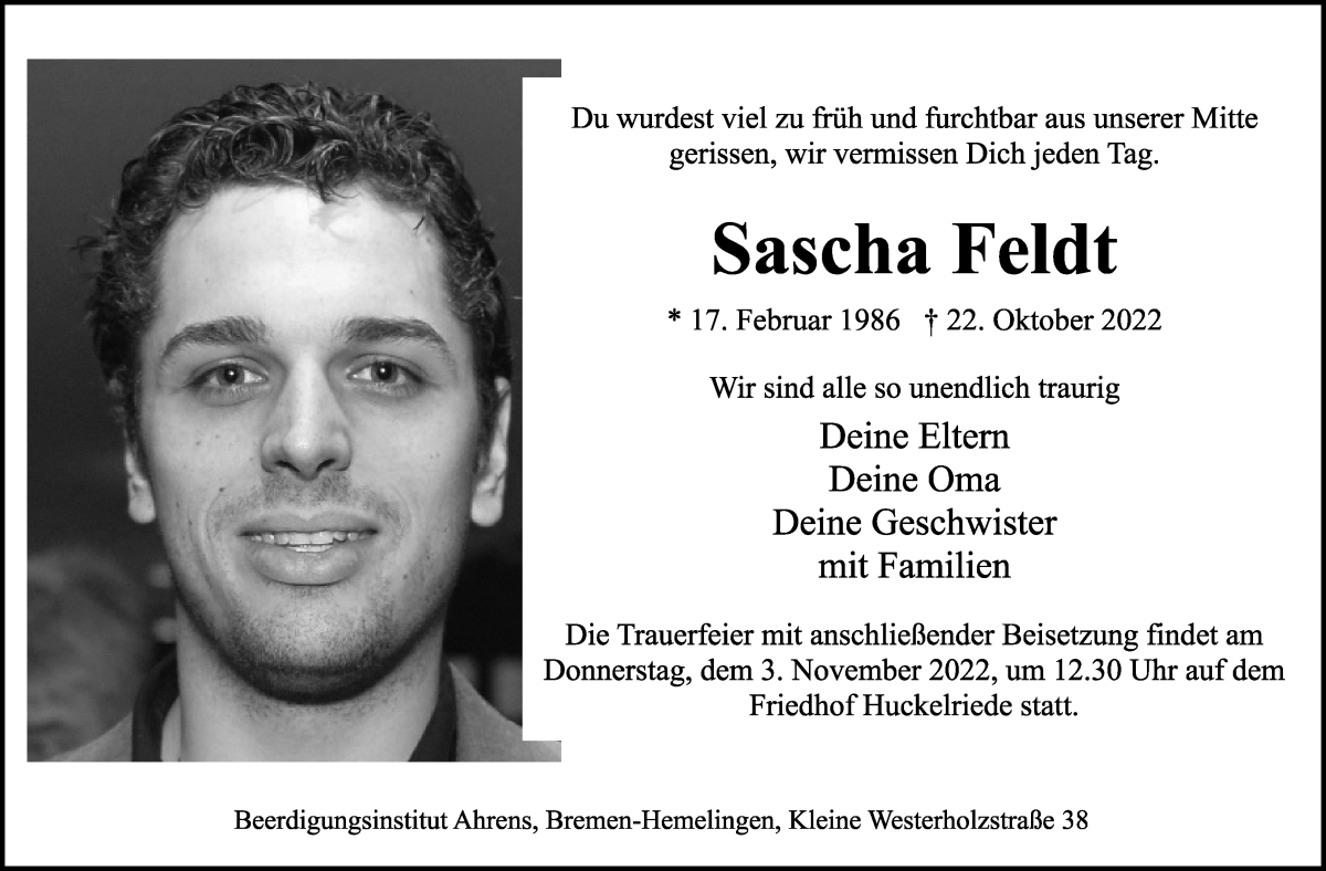  Traueranzeige für Sascha Feldt vom 29.10.2022 aus WESER-KURIER